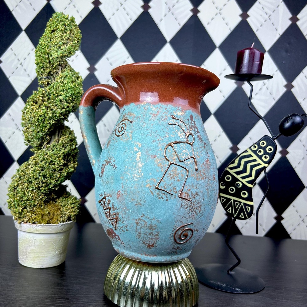 Southwestern Pottery Petroglyph Pitcher Turquoise And terracotta Vase Kokopelli - Picture 14 of 16